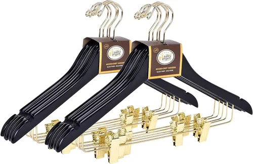 Miniatura 9 de Perchas de madera de calidad para faldas con clips, paquete de 10 perchas lisas de madera maciza para pantalones con clips de metal ajustables