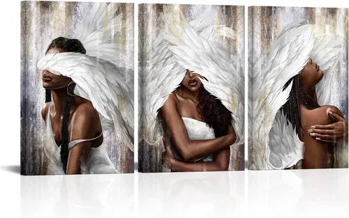 Miniatura 7 de sechars Lienzo artístico de pared de ángel, mujer negra con alas de ángel, impresiones de pintura moderna afroamericana, arte abstracto de niña