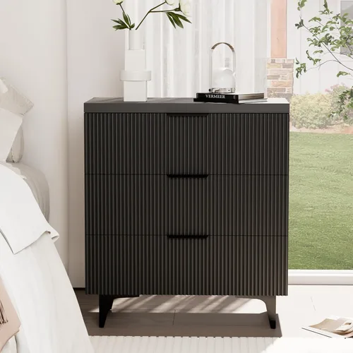 Royal Windsor Mesita de noche acanalada con 3 cajones, mesa auxiliar lateral, armario de almacenamiento de acento, mesita de noche moderna para