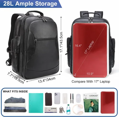Miniatura 8 de TIDING Mochila de cuero genuino para hombres de gran capacidad 17.3 pulgadas portátil bolsa negra impermeable negocios trabajo viaje mochila