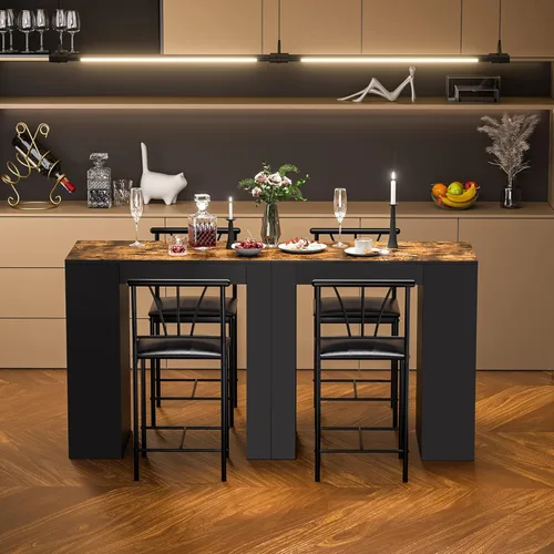 Miniatura 2 de VECELO Mesa de bar pequeña y sillas de cocina alta rincón de desayuno con taburetes/juego de comedor para 2, estantes de almacenamiento, ahorro