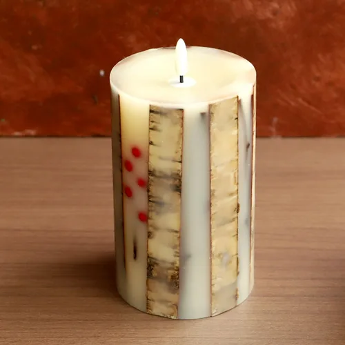 Miniatura 2 de Velas de abedul real sin llama incrustadas con bayas rojas, velas de Navidad sin llama con control remoto, velas tipo pilar que funcionan