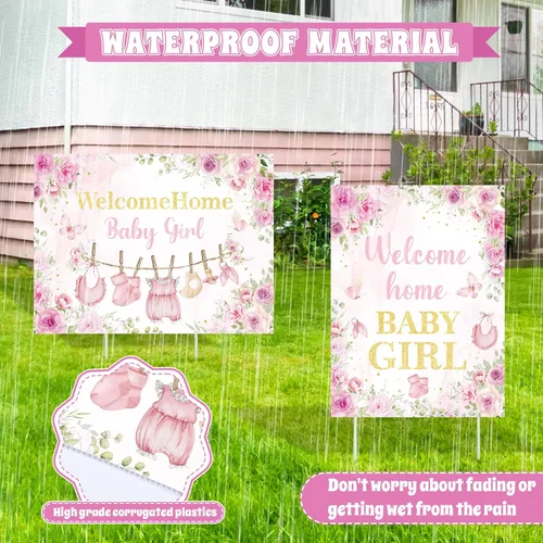 Miniatura 3 de 2 letreros decorativos de bienvenida a casa para bebé, niña, rosa, floral, para baby shower, patio, con estacas "It's a Girl", letrero para anuncio