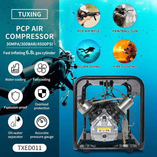 Miniatura 2 de TUXING Compresor Pcp de 4500 psi, compresor de aire de buceo de doble cilindro, versión de parada manual, bomba de aire de alta presión para pistola
