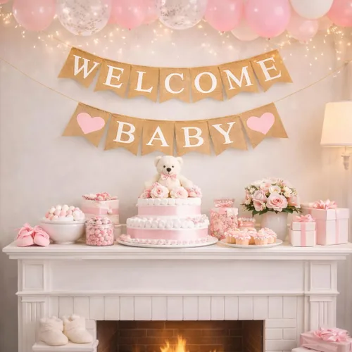 Miniatura 8 de Cartel de arpillera de bienvenida para decoración de baby shower y fiesta de revelación de género (corazones rosa claro)