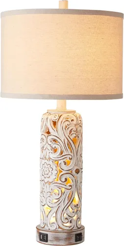 Miniatura 8 de Lámparas de mesa rústicas para sala de estar y dormitorio Lámpara de noche vintage con doble puerto USB, lámparas retro de resina blanca antigua