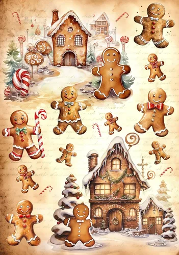 Papel de arroz para decoupage A4 Feliz Navidad (Mundo del Hombre de Jengibre - 2 hojas)