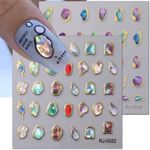 Miniatura 9 de 6 hojas de calcomanías 5D en relieve, gemas irregulares de pegamento suave de cristal, calcomanías de arte con marco geométrico, calcomanías