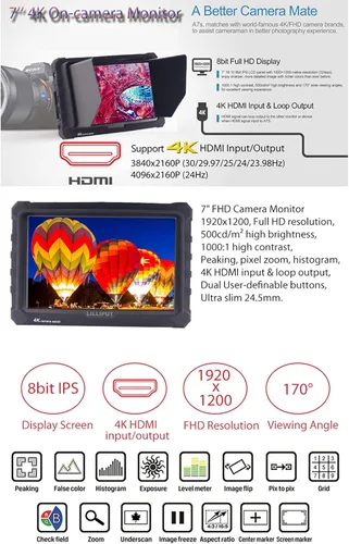 Miniatura 5 de LILLIPUT A7S 7 "1920x1200 IPS Cámara Pantalla Monitor de Campo 4K HDMI Entrada Salida Video para DSLR Cámara Sin Espejo Sony A7S II A6500 Panasonic