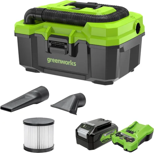 Greenworks Aspiradora inalámbrica de 24 V sin escobillas de 3 galones con manguera, herramienta para hendiduras, boquilla de piso, batería de 4.0 Ah