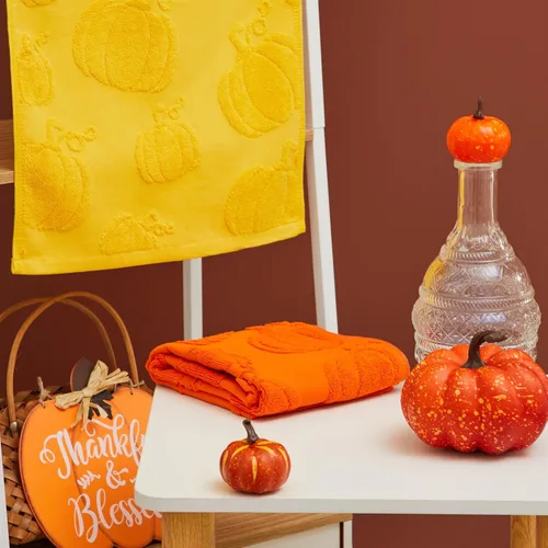 Miniatura 6 de Remagr Paquete de 4 toallas de mano 3D de calabaza jacquard para baño, algodón jacquard, absorbente, otoño, Acción de Gracias, naranja y amarillo