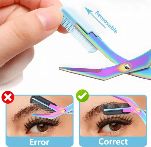 Miniatura 4 de Tijeras de cejas 2 en 1 con peine, cortador de cejas de acero inoxidable de precisión, tijeras de aseo antideslizantes para hombres y mujeres, Azul