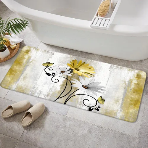 Miniatura 26 de Alfombra de Baño Rústica de Granja, Alfombra de Baño de Madera de Campo con Flores de Margaritas Moradas, Mariposas y Estilo Campestre, Alfombra