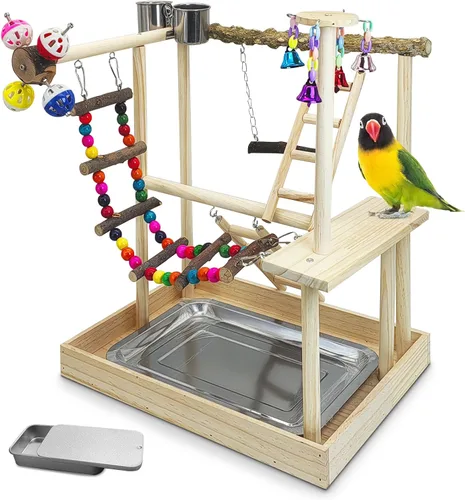 Miniatura 8 de PINVNBY Parque infantil para pájaros, soporte de madera para ejercicio, perca, gimnasio, escalera, con comedero, columpio, juguetes para periquitos
