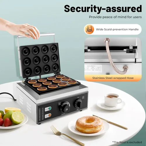 Miniatura 5 de Máquina eléctrica de donas, 12 agujeros, máquina comercial de donas de 110 V, 1500 W, calefacción de doble cara, antiadherente, eléctrica, mini