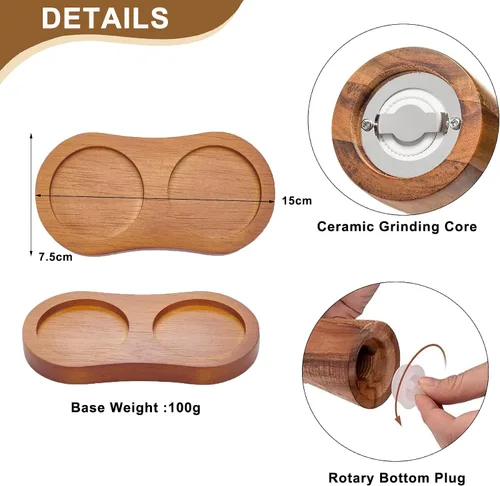 Miniatura 5 de Juego de molinillo de sal y pimienta, molinillo de pimienta de madera de acacia con grosor ajustable, molinillo de hoja de cerámica recargable