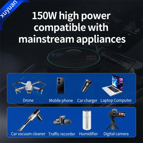 Miniatura 6 de XU Yuan - Inversor de corriente de 150 W/PP300 W para vehículos (negro) Diseño de portavasos DC12V a 110V CA Mini inversor de automóvil con doble