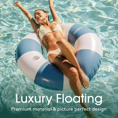 Miniatura 2 de FUNBOY Flotador inflable gigante de rayas azules con soporte para tazas, tubo interior de 48 pulgadas para adultos, tumbona de piscina