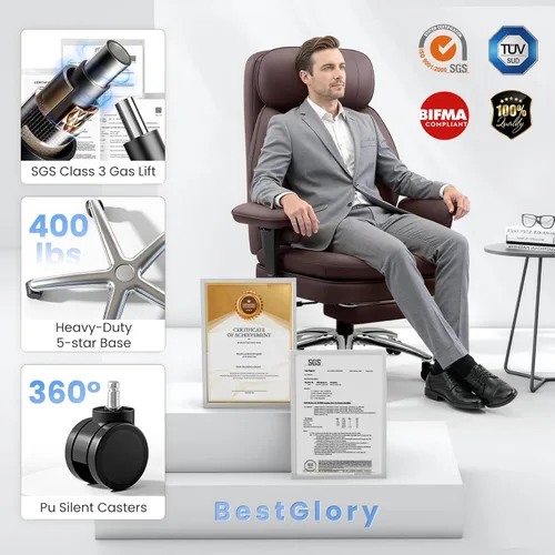 Miniatura 7 de BestGlory Silla de escritorio de oficina con soporte lumbar inflable, silla de oficina ergonómica [cojín y reposapiés mejorados de doble capa], Café