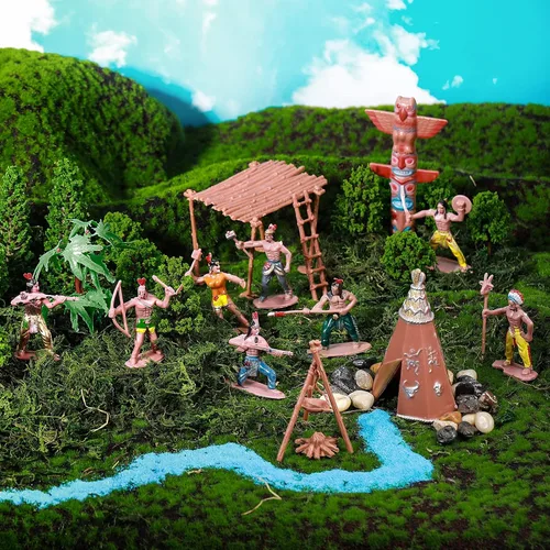 Miniatura 4 de Canlierr Juego de 32 figuras de indios nativos americanos, figura de acción, diorama de vaqueros, personajes históricos, modelos, árboles, escena