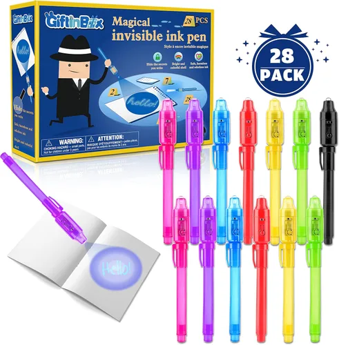 Miniatura 9 de GIFTINBOX Bolígrafo de tinta invisible, 28 unidades de bolígrafo espía con luz UV para niños, recuerdos de fiesta de cumpleaños para niños de 4 a 8