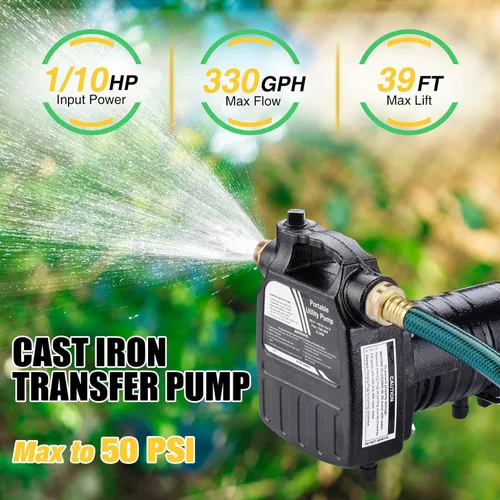 Miniatura 2 de Trupow 1/2HP 1450 GPH, bomba portátil eléctrica de transferencia de agua. Bomba de hierro multiuso con colador de succión y kits (115 voltios)