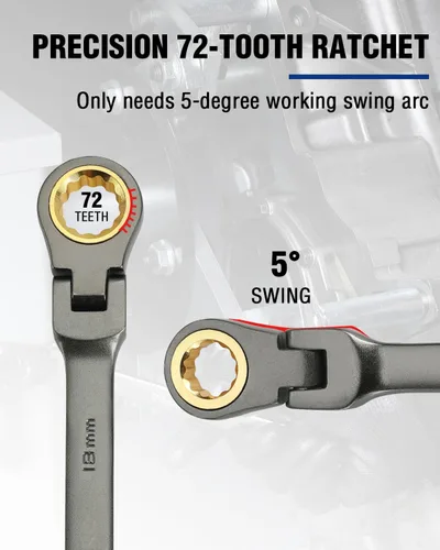 Miniatura 4 de WORKPRO Llave de combinación de trinquete de cabeza flexible de 18 mm, construida en Cr-V, niquelada, 72 dientes, diseño de 12 puntas, métrica