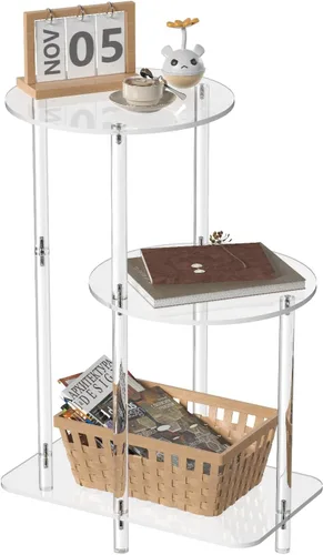 Eglaf Mesa auxiliar redonda de acrílico – Mesa auxiliar de 3 niveles – Mesita de noche transparente pequeña mesita de noche decorativa para sala de