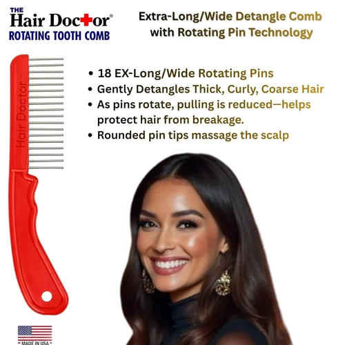 Miniatura 2 de The Hair Doctor - Peine de pelo extra largo de 1 1/4 pulgadas con dientes giratorios suaves y sedosos para evitar daños en el cabello (rojo hermoso)