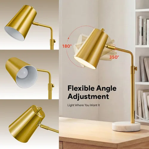 Miniatura 3 de VONLUCE Lámpara de escritorio dorada con bombilla LED ajustable, lámpara de mesa de metal de latón antiguo, base de mármol, lámpara de lectura 1# Oro