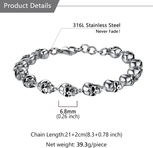 Miniatura 38 de U7 Pulseras góticas de calavera para hombres y mujeres, acero inoxidable, chapado en oro de 18 quilates, plata, negro, punk, esqueleto punk