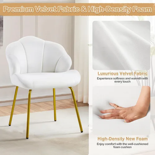 Miniatura 7 de Yaheetech Silla de tocador, silla decorativa de terciopelo con respaldo en forma de concha, sillón moderno con patas de metal dorado para Blanco
