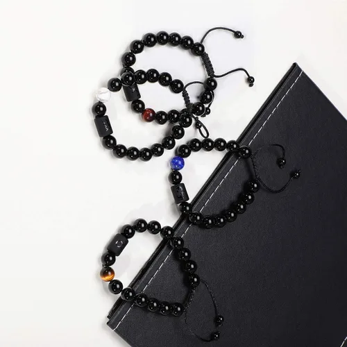 Miniatura 4 de Pulsera del zodiaco para hombres y mujeres, 0.315 pulgadas, 0.394 pulgadas, piedra blancanegra, bendición de la suerte, con cuentas, signo