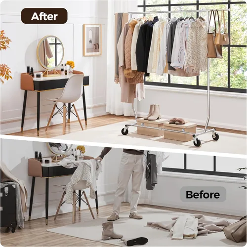 Miniatura 5 de Yaheetech Percheros de ropa comercial con ruedas, barra individual de grado ajustable, altura ajustable, perchero con ruedas para colgar ropa