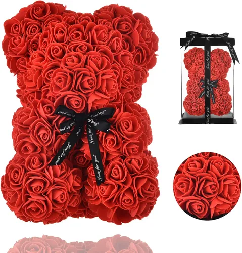 oso de peluche hecho de rosas, diseño de rosas en cada oso, perfecto para aniversario, incluye caja de regalo transparente 10 pulgadas.