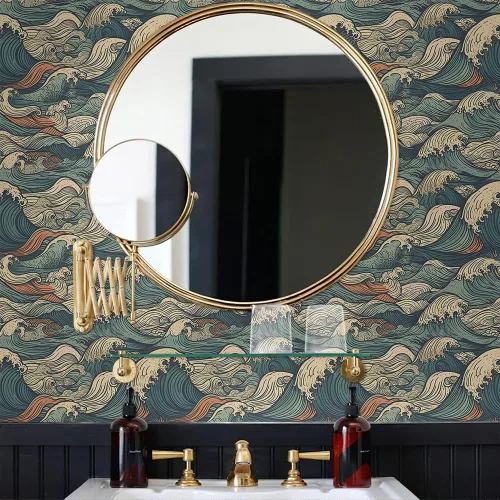 Miniatura 4 de MuralPeel Vintaje Japonés Olas del Mar Azul/Amarillo Mosaico Papel pintado Autoadhesivo para Despegar y Pegar