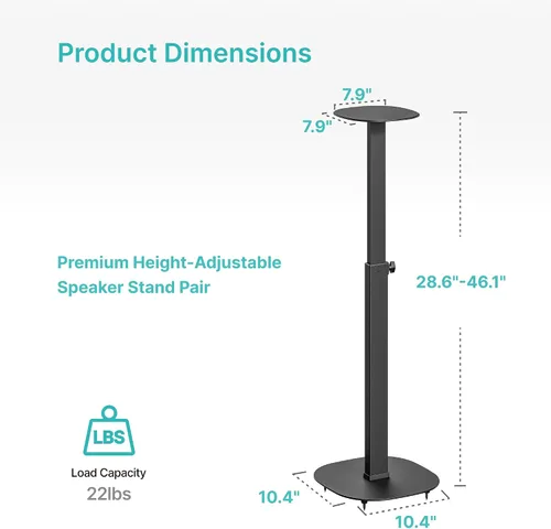 Miniatura 8 de Pegzone Par de soportes para altavoces de altura ajustable de 28.6 a 46.1 pulgadas, capacidad de 22 libras, soportes de altavoz de estantería