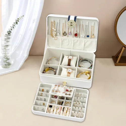Miniatura 7 de Regalos de graduación para niñas, joyero grande de 2 capas con espejo, tarjeta de regalo hecha a mano y papel de regalo, soporte de joyería de piel