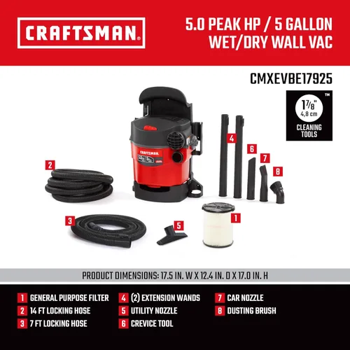 Miniatura 3 de CRAFTSMAN CMXEVBE17925 Aspiradora húmeda/seca de 5 galones, 5.0 HP máximo, aspirador portátil y de montaje en pared con filtro, 2 mangueras