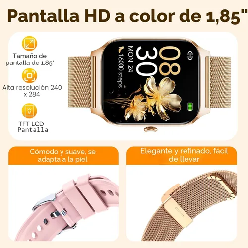 Miniatura 6 de CASCHO Relojes inteligentes para mujer (Android/iOS), reloj inteligente HD de 1.85 pulgadas con llamadas/mensajes/control de voz AI, monitor