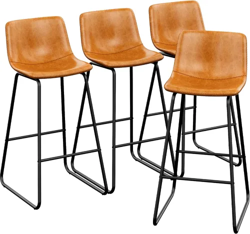 Miniatura 12 de REONEY Juego de 2 taburetes de bar de piel sintética de 26 pulgadas, taburetes de bar modernos con patas de metal y reposapiés, sillas urbanas sin