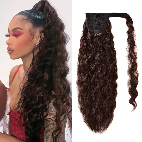 Miniatura 14 de Extensión de cola de caballo con clip de onda de maíz, 22 pulgadas de largo, ondulado, rizado, envolvente, resistente al calor, sintético, postizo