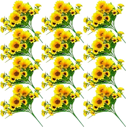 ZEYGLXC Paquete de 12 ramos de girasoles artificiales con tallos para boda, hogar, mesa de cocina, decoración de cumpleaños, interiores y