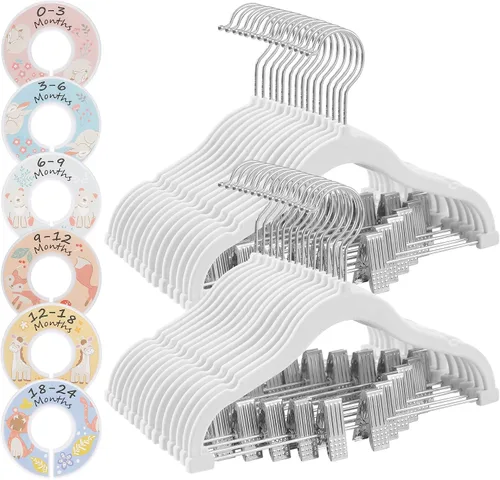 Miniatura 10 de SONGMICS Paquete de 30 perchas para pantalones de bebé con clips, perchas para niños con 6 separadores de ropa, perchas antideslizantes para ropa