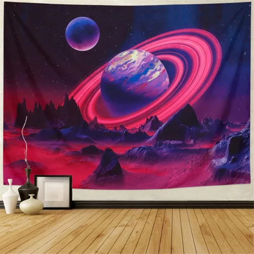 Miniatura 3 de Leofanger Tapiz de planeta trippy con luz negra, tapiz de pared de montaña reactivo a los rayos UV, tapiz espacial de galaxia, cielo nocturno