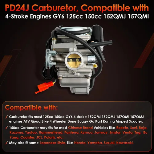 Miniatura 3 de Carburador PD24J, Compatible con motores de 4 tiempos GY6 125cc 150cc 152QMJ 157QMI ATV Quad Bike de 4 ruedas Dune Buggy Go Kart Ciclomotor Scooter