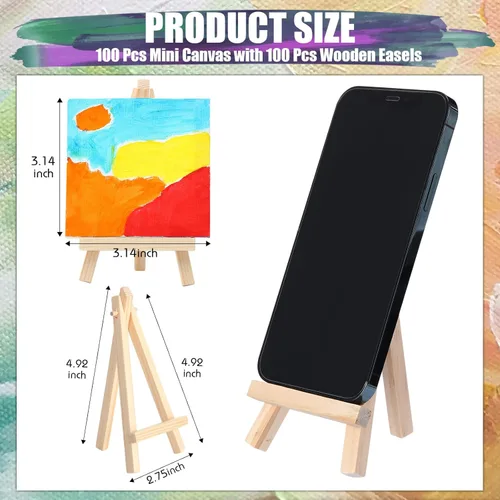 Miniatura 2 de Fuutreo Juego de 200 piezas de mini lienzo y caballete, 100 mini lienzos estirados con 100 caballetes de madera para verter acrílico, pintura al