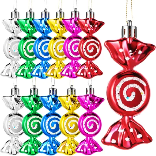 Miniatura 13 de Threan 12 piezas de adornos de caramelo de Navidad para decoración de árbol colgante, bastón de caramelo brillante, adorno de Navidad de menta