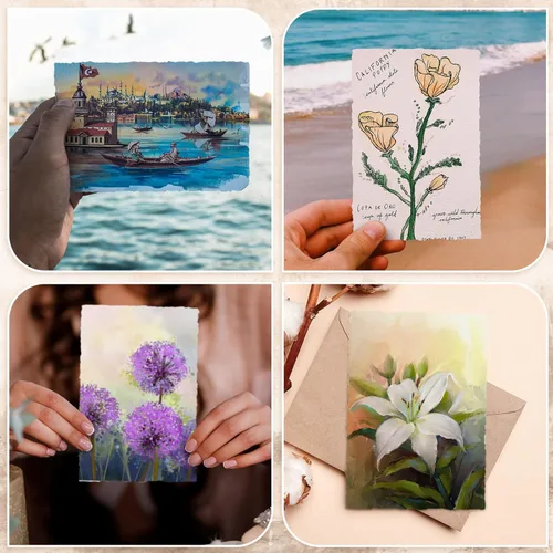 Miniatura 6 de Panelee 100 hojas de papel de acuarela hecho a mano de 300 GSM, a granel con borde deckled de 4 x 6 pulgadas, papel grueso blanco de algodón