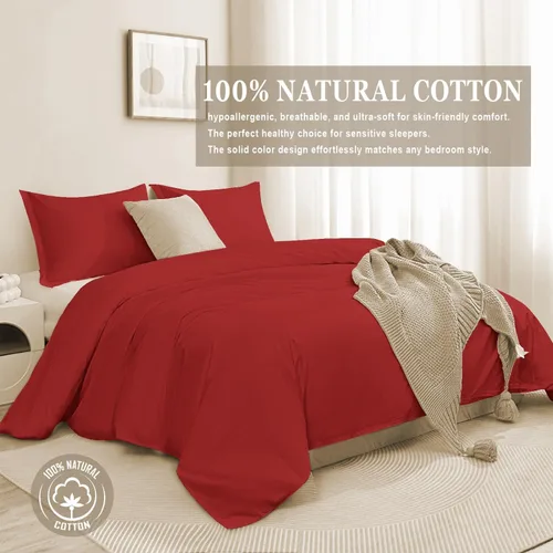 Miniatura 2 de Juego de funda de edredón 100% algodón, cierre de cremallera oculto, ultra suave, fácil de cuidar y duradero, estilo de cama simple, Queen, rojo